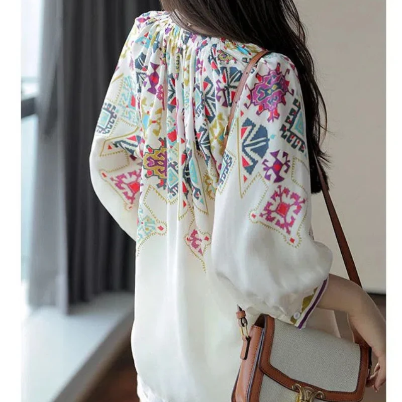 Summer New Round Neck Three Quarter Fashion Shirt Women High Street Casual Printing Button Cardigan Vintage Elegant Loose Tops