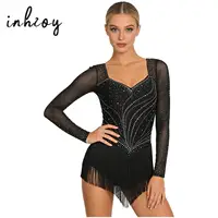 Body de baile latino para mujer, vestido de malla de manga larga con tiras y dobladillo con borlas escalonadas para patinaje artístico, Ropa de baile de Tango y Rumba