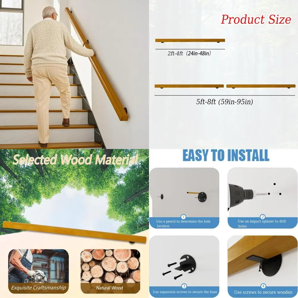 درابزين درج خشبي داخلي بطول 6 أقدام مع درابزين غير قابل للانزلاق لسلامة سلالم المنزل والحديقة #1