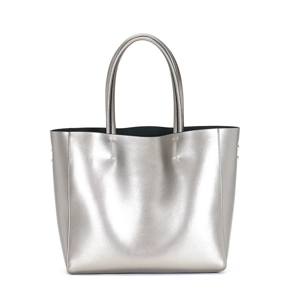 Metallic Silver Casual Large Tote Bag for Women with Soft Genuine Cow Leather Luxury Design Fashion Ladies Handbags