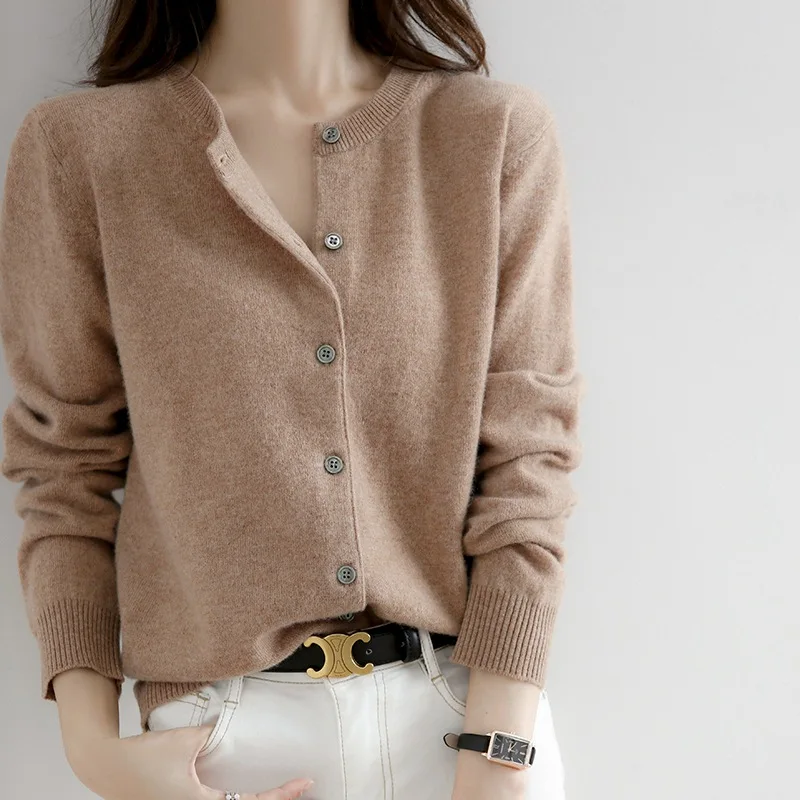 

Spring Autumn New Solid Color Round Neck Camel Base Coat Women