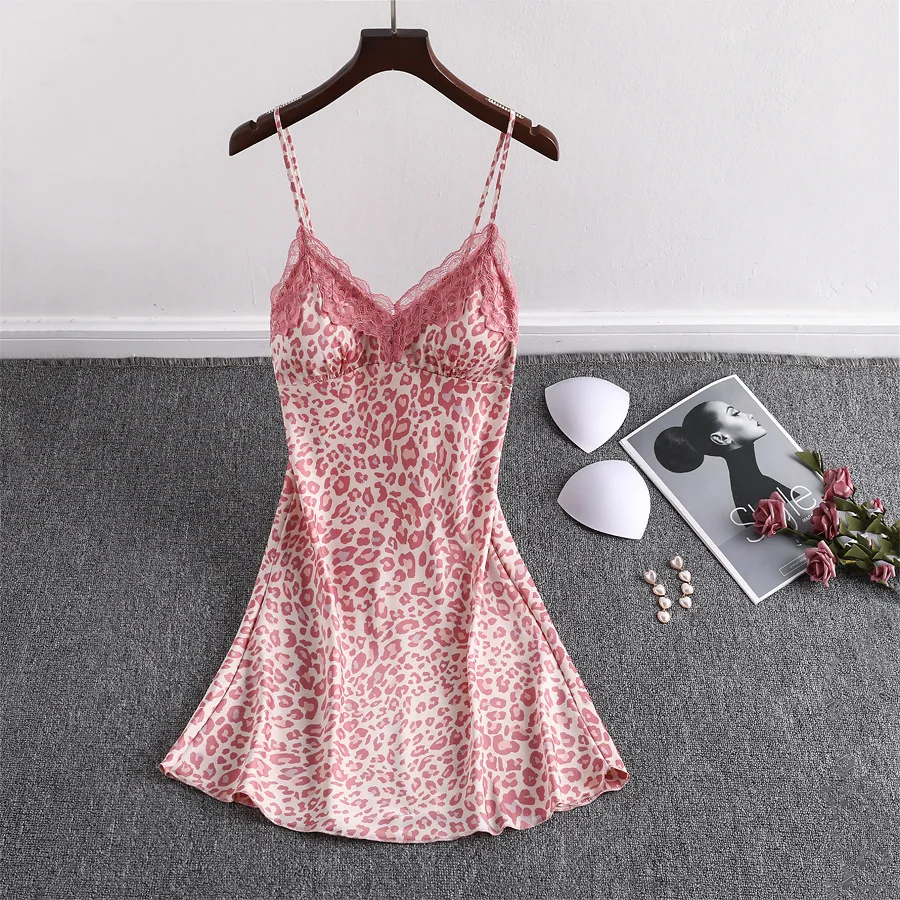 Lace Silk Sleepwear for Women Leopard Print Nightgowns Pajamas Sling Dress Summer Dress Female Sleepshirts Sexy Ladies Nightwear