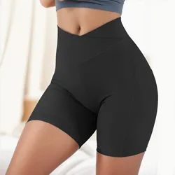 Ribbed Fitness Shorts Woman Leggings Cross V Waist Push Up Gym Shorts Workout Running Gym Tights Push Up Sport Yoga Shorts Women