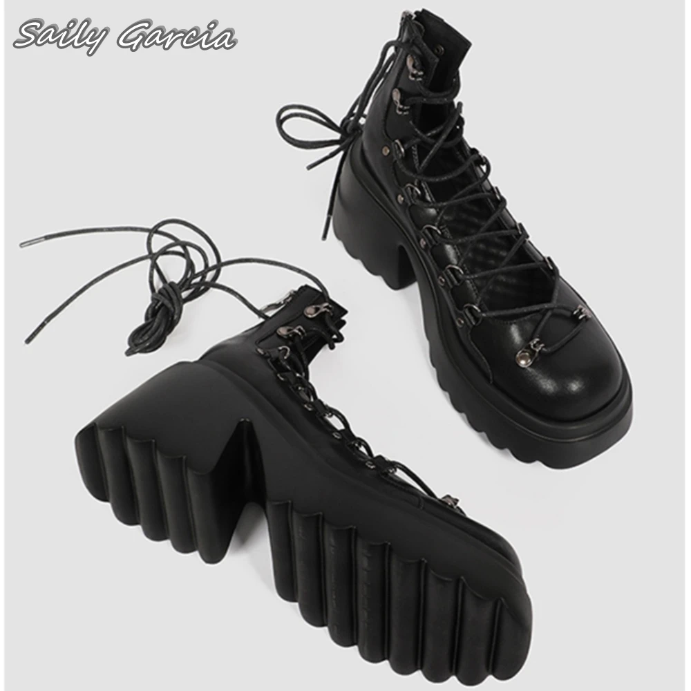 Mary Jane Tank Sole Lace Up Hollow Lolita Leather Boots Y2K Punk Style Hot Girl Casual Boots Round Toe Platform All-Match Pumps