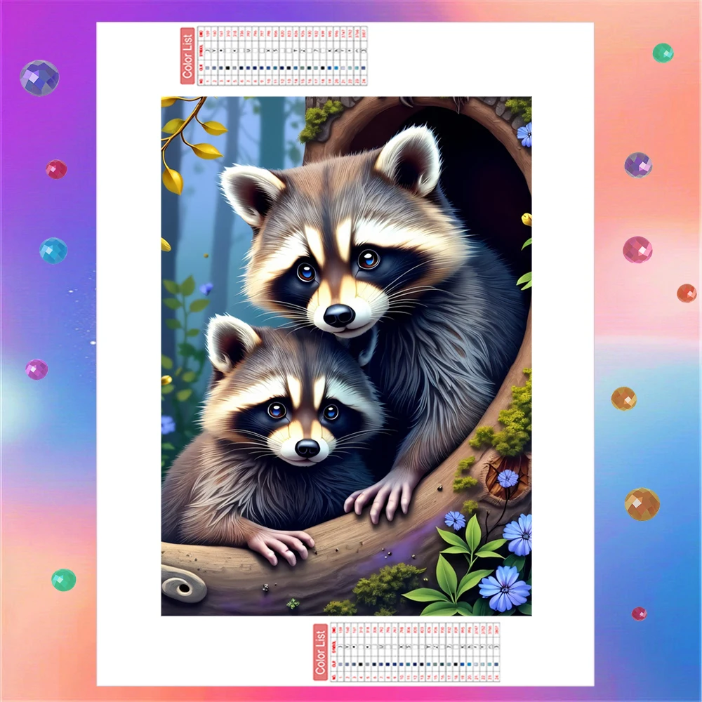 AZQSD Lebendiges Diamantgemälde, Tierwelt, Waschbären, Naturkunst, bunter Kristall, runder Bohrer, Leinwand, volle runde Diamant-Stickerei