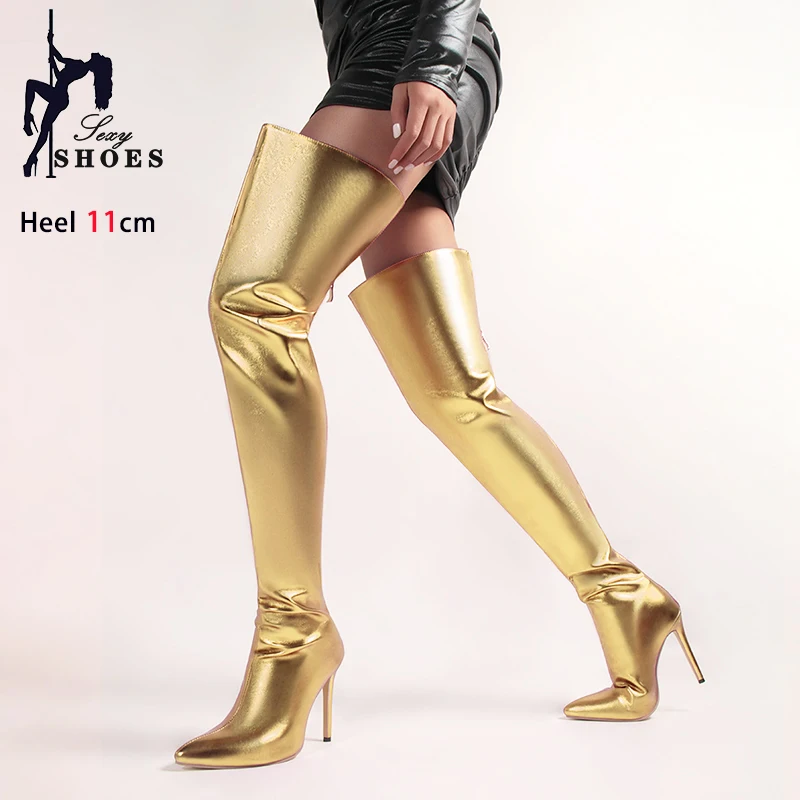 Women Pointed Toe Thigh High Boots Stage Show Back Zipper Heels Over The Knee Boots 2024 Autumn Winter Female Shoes Plus Size 46