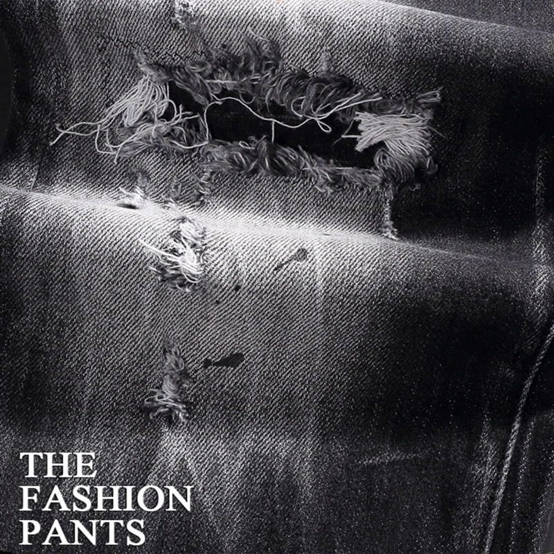 y2k Fashion New Black Grey Men's Jeans Scratch Painting Washed Water Nostalgic Stretch Slim Fit Jeans High Street Hip Hop B