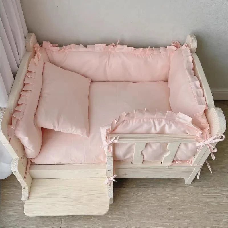 Solid Wood Dog Bed for Indoor Teddy Golden Retriever Pet Crate Washable Cat Dog House Moisture-proof Kennel for Puppy Kitty