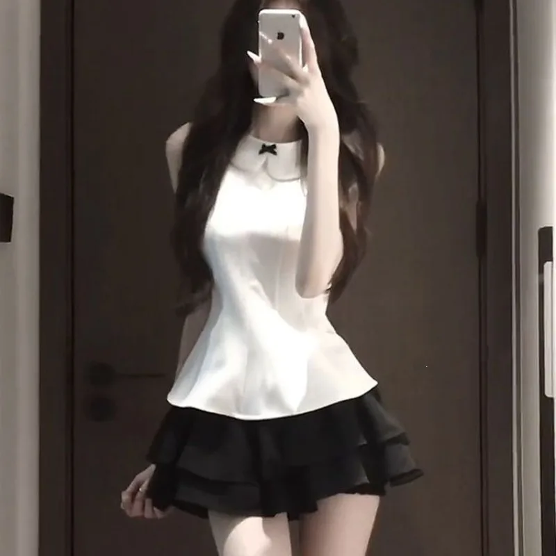 Summer Outfit Set Retro 90s Women's Black Knot Sleeveless Top High Waist Skirt Harajuku Slimming 2pcs Fashion Ensemble 니트 스커트