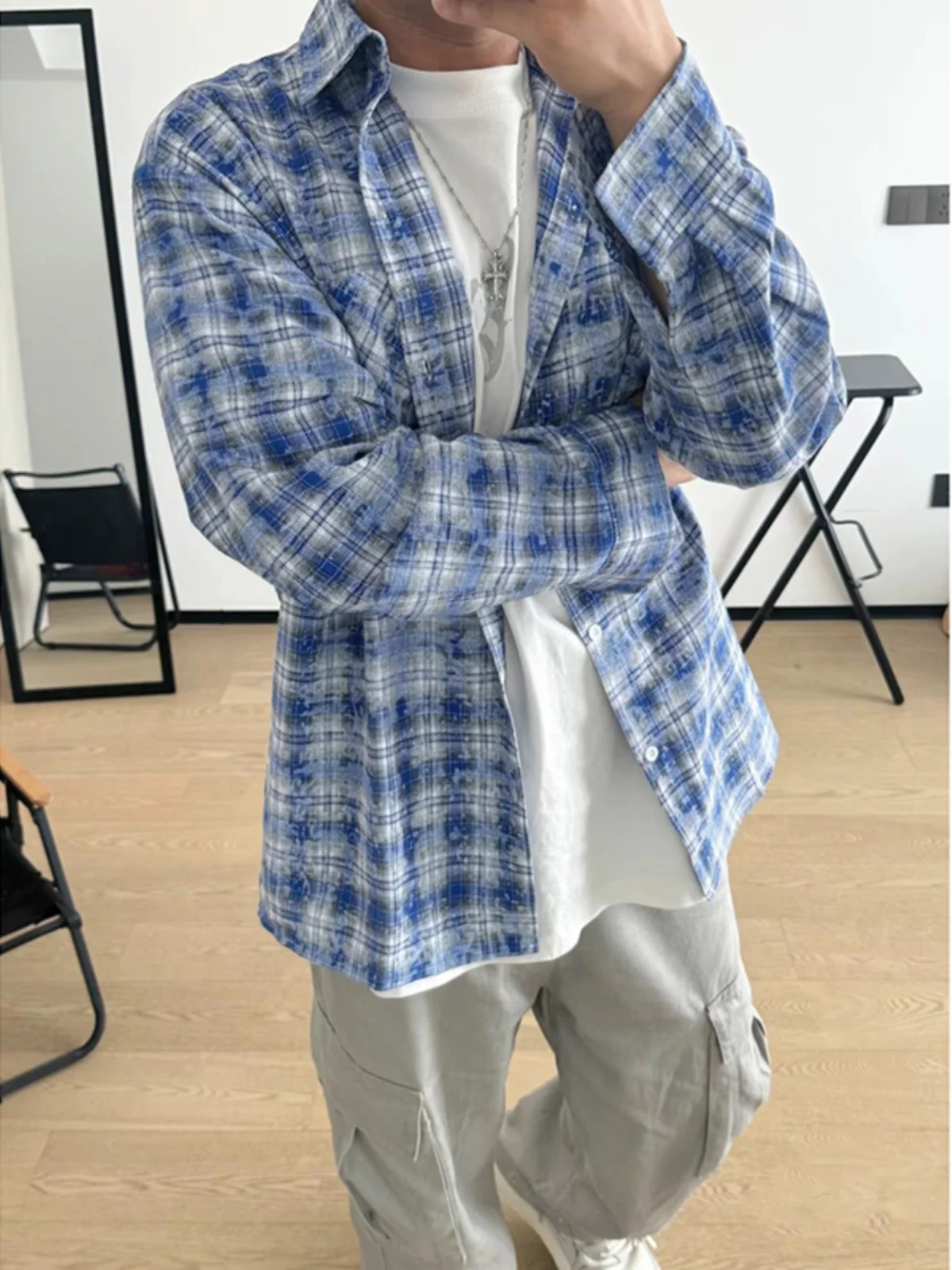 

Blue Plaid Cleanfit irt Men's Trendy Cool Long Sve Top High-End Feel Plaid irt Coat Loose Fit Youthful Moisture Permeable