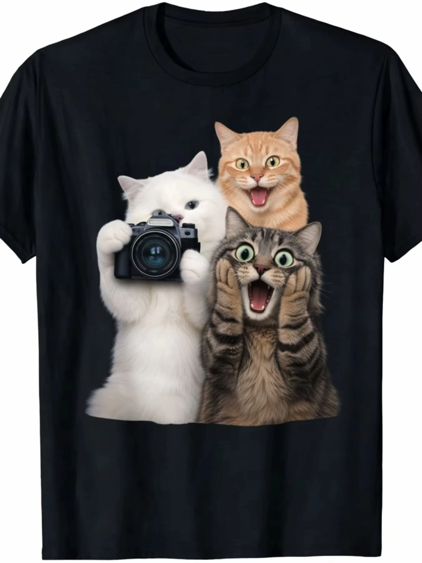 Men Women Funny Surprised Cat Lady Photo Graphic T Shirt Comfortable Plus Size Short Sleeve Casual Home Tee
