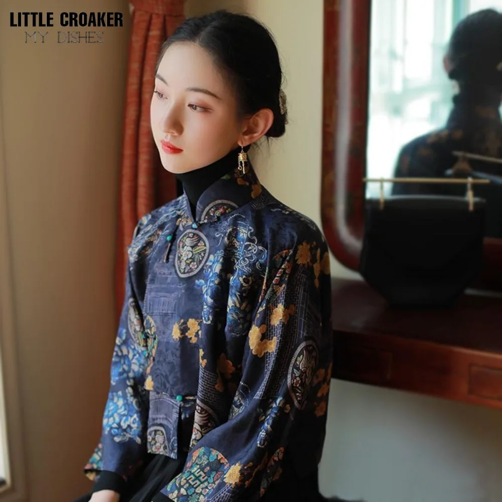 Classical Printed Women's Chinese Hanfu Cropped chinese Ancient Spring Autumn Shirt Short Top Ancient Method Inverted Kimono Top