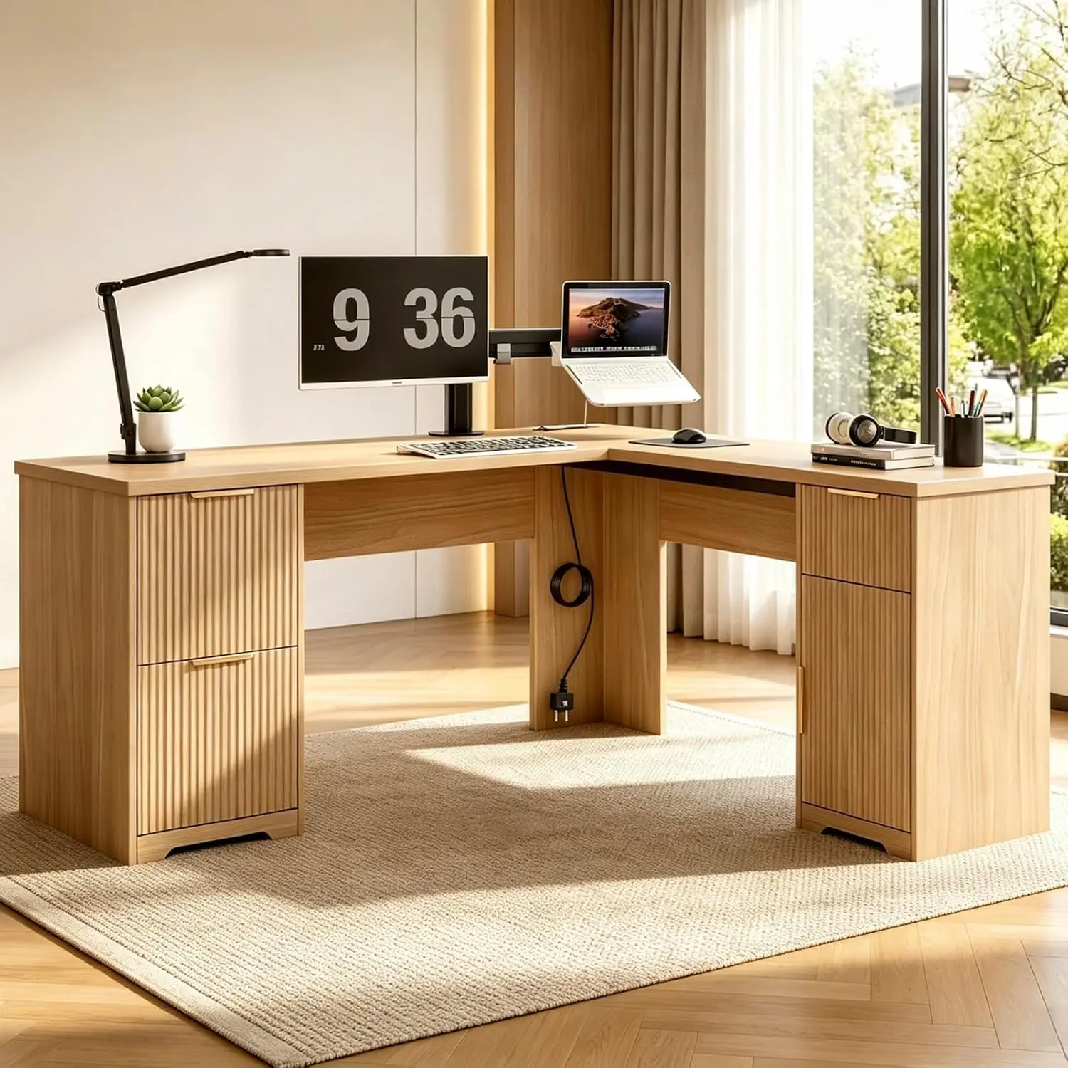 L Shaped Executive Desk with Drawers, 63in Oak Home Office Computer Desk with Keyboard Tray, Charging Station, Customized