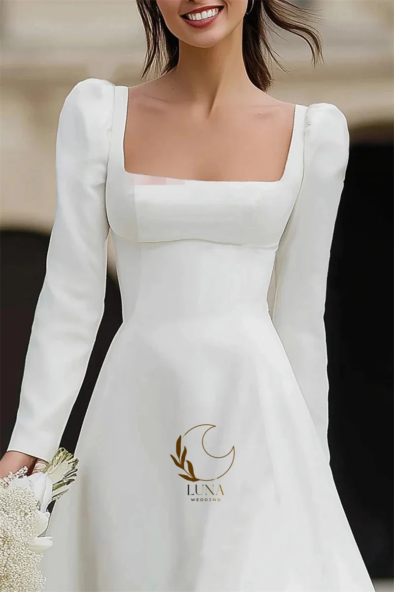 Luna Customized A-Line Simple Wedding Dress For Bride Square Neck Princess Party Bridal Gown Long Puff Sleeve robe de mariée