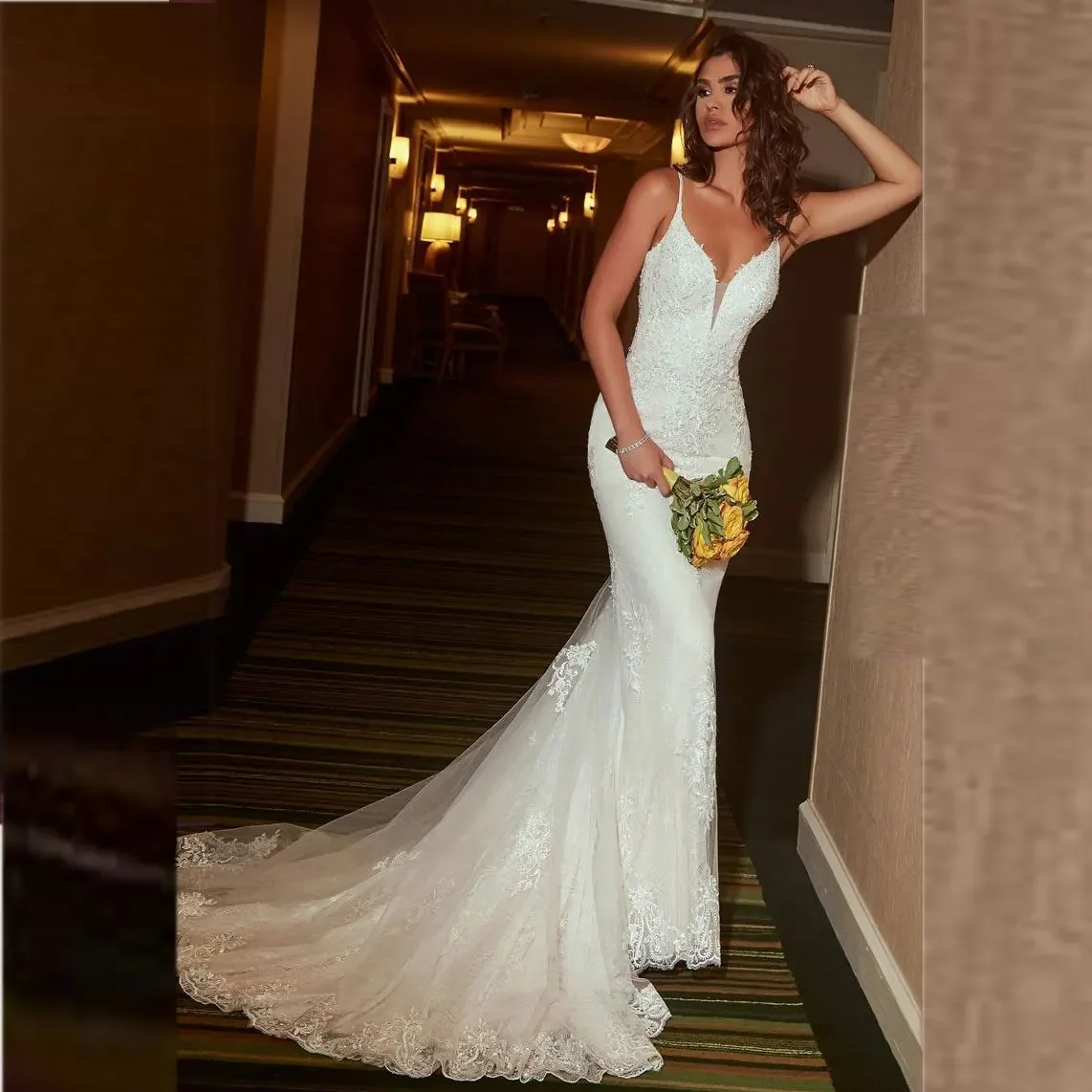 

Flavinke Sexy Customized Mermaid Wedding Dresses Spaghetti Plunging Neckline Lace Wedding Dresses Bridal Gowns Vestido De Noiva
