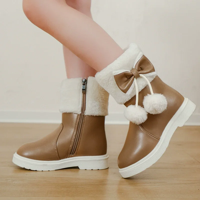 Winter Girls Long Tube Boots Kids Fleece Lined Warm Shoes Fashion Versatile Shoes Children Plus Velvet Simple Snow Boot