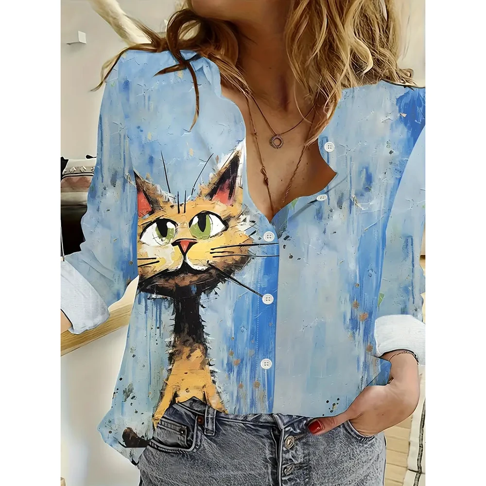 Women\'s New Single-Breasted Shirt 3d Cute Animal Print Long-Sleeved Shirts Fashionable Basic Tops Lapel Shirts & Blouses Spring