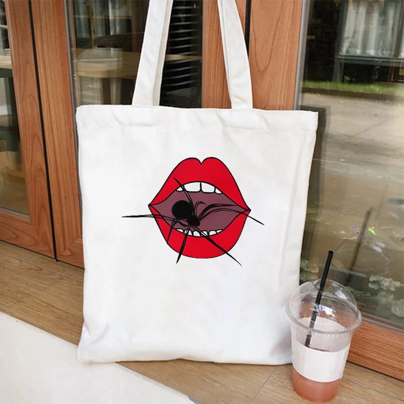 Funny Red Lips Skeleton Hand Print Canvas Tote Bag Women Shopping Bag Spider Halloween Casual Fashion Teen Shoulder Handbag Bag