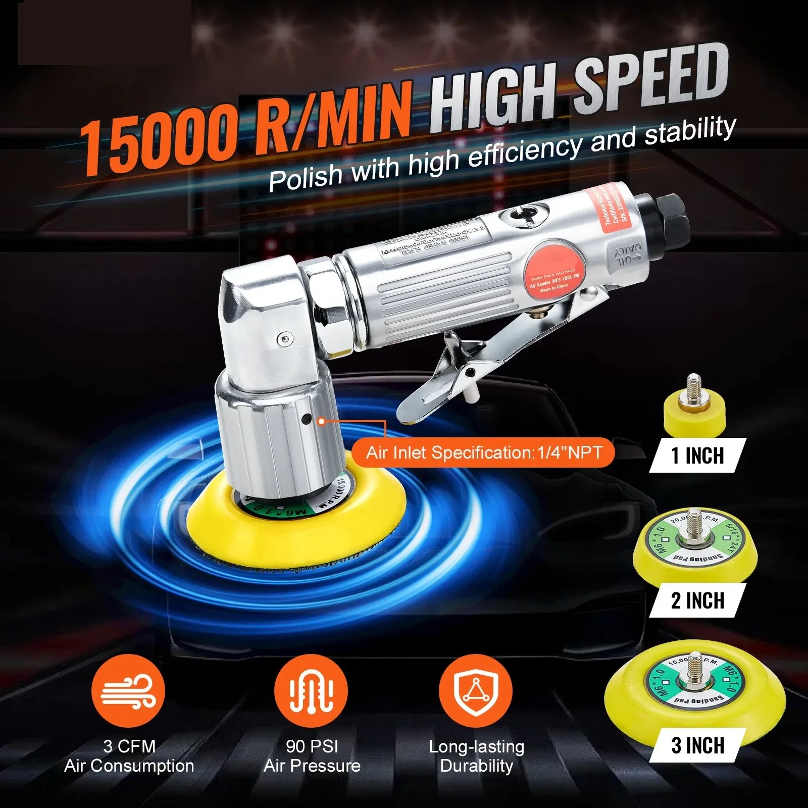1/2/3 Inch Random Orbital Air Sander, High-Speed 15000RPM Mini Pneumatic Sander for Auto Body Work,Air Sander Kit Polisher
