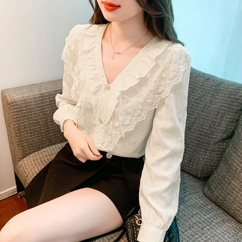 Fashion New Casual Long Sleeve V-Neck Women Blouse Lace Ruffles Chiffon Blouse Shirt Women Tops Blusas Mujer De Moda 2024 A599