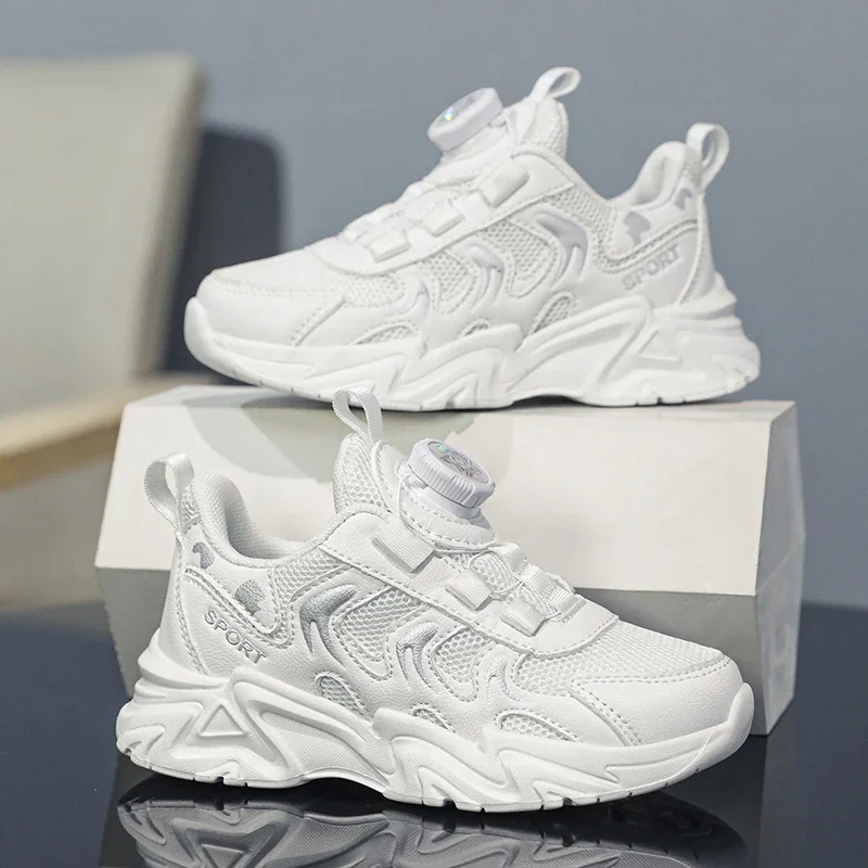 Children's Casual Sneakers Boys and Girls' Sports Shoes Spring New Mesh Breathable Rotating Button Kids' Running Shoes