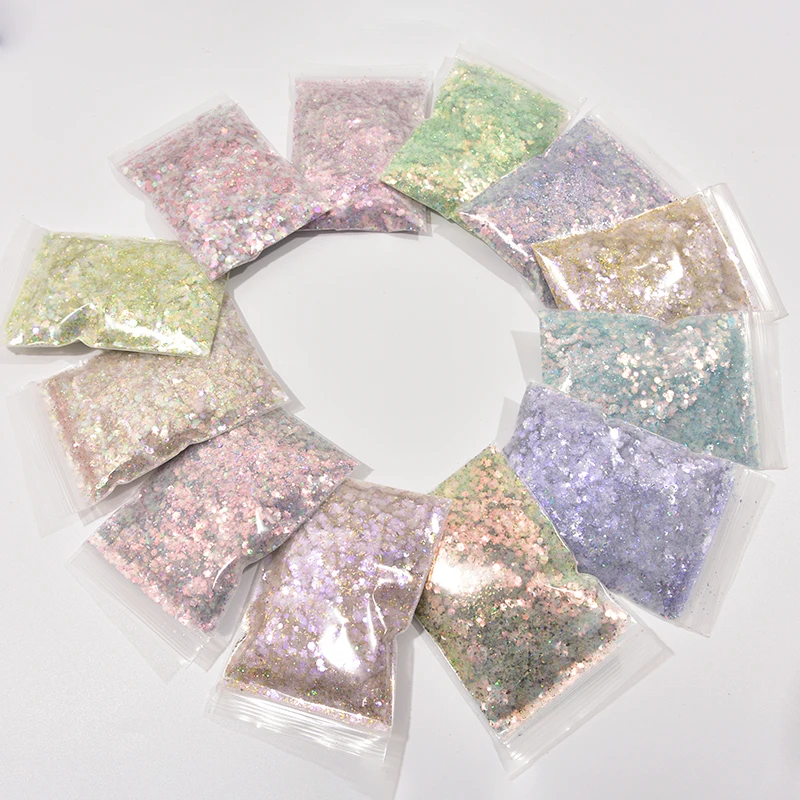 50g/bag Holographic Mixed Hexagon Shape Chunky Nail Glitter Silver For Decorations Manicure Iridescence Nail Powder&Sequins 2022