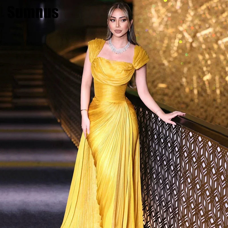 

Sumnus Charming Mermaid Gold Prom Dress Square Collar Pleats Sleeveless Party Dresses Floor-Length Evening Dress Customized