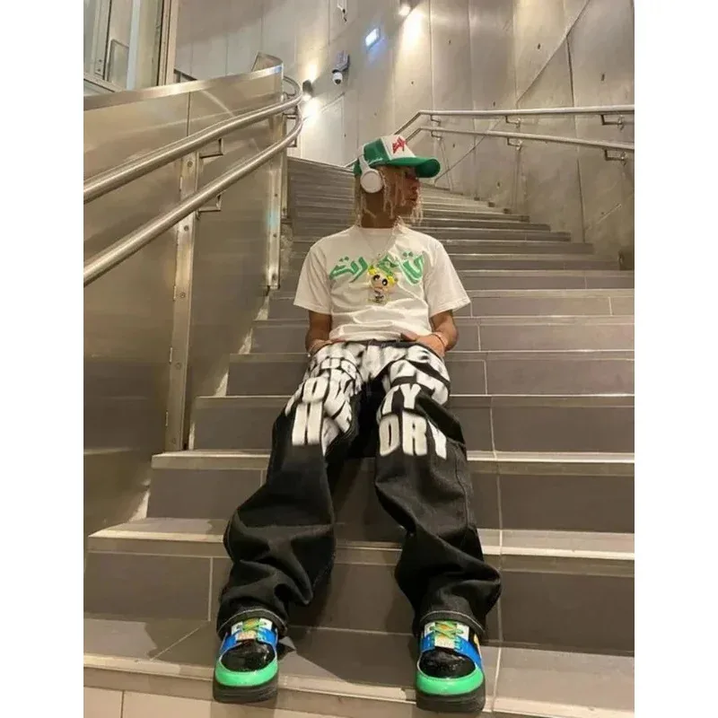 Hip Hop lettre imprimé pantalon noir hommes femmes tendance jeans mode punk ample droit jambe large pantalon streetwear
