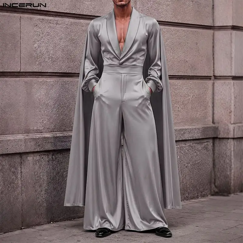 Ensemble pour hommes INCERUN, chemise à manches longues en satin uni avec col en V et pantalon taille haute, ensemble deux pièces, style streetwear, ensemble décontracté assorti.