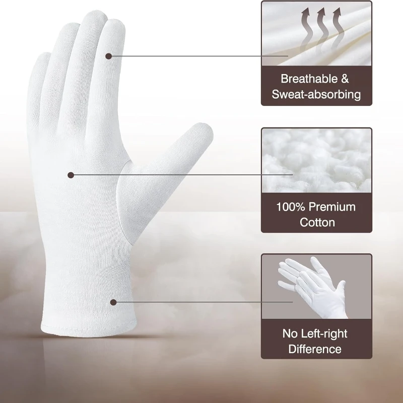 24/12PCS White Cotton Safety Gloves for Dry Hands Soft Sleeping Overnight Moisturizing Work Gloves for Men Eczema Silver Jewelry