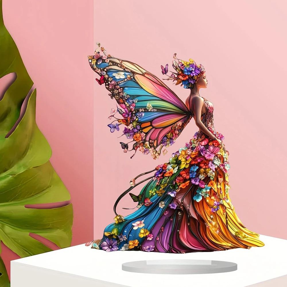 Vibrant Butterfly Fairy Acrylic Desk Decoration - Whimsical Boho Chic Tabletop Sign with Colorful Wings, Perfect Gift for Home
