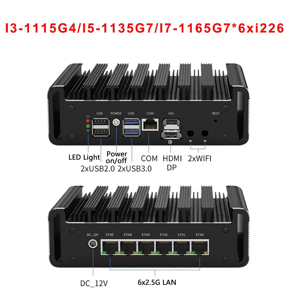 Mini PC industriale incorporato di 11a generazione Core i7-1185G7 I3-1115G4 16G 512G 6x2.5G LAN Mini firewall senza ventola Router morbido Ubuntu Win10
