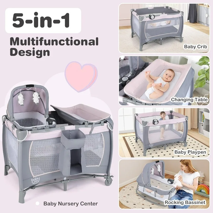 BABY JOY 5 في 1 Pack and Play Portable Baby Playard مع طاولة تغيير حفاضات سرير أطفال وردي مع موسيقى ألعاب #2