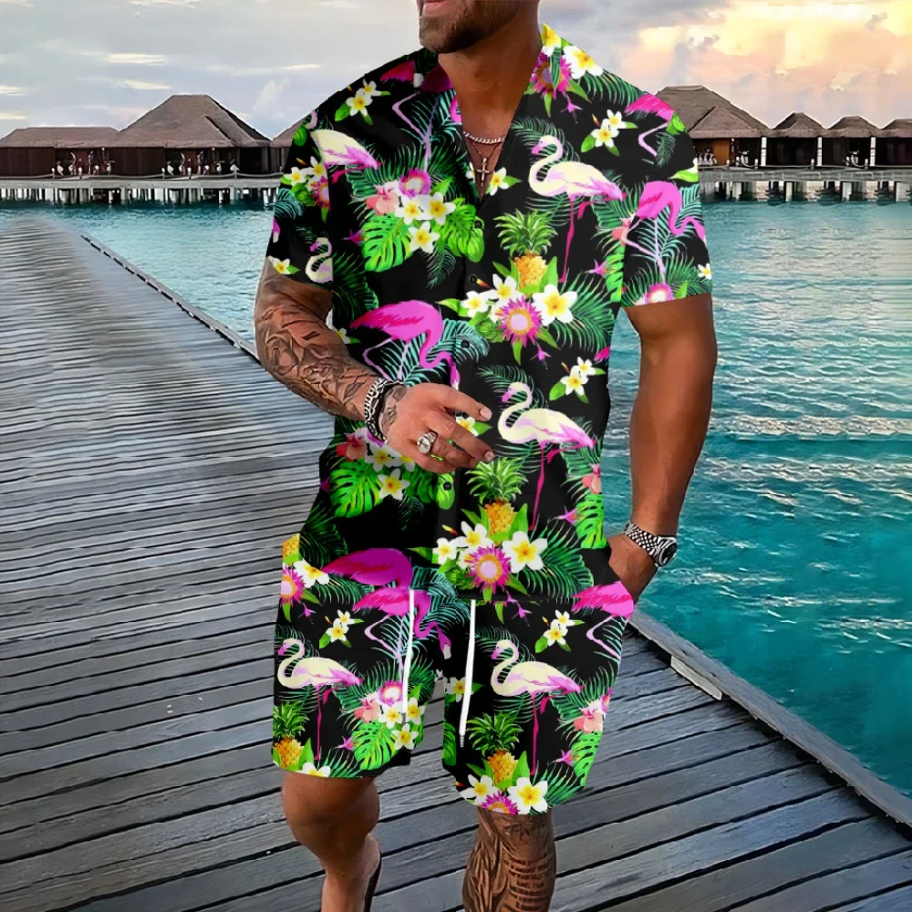Conjunto de 2 uds de camisa de manga corta con estampado 3d de árbol de coco y flamenco hawaiano, ropa de playa informal para vacaciones, trajes de 2 piezas, ropa para hombre