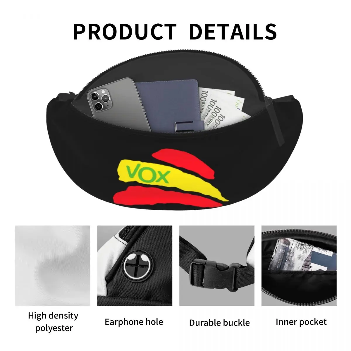 Dostosowana saszetka Vox z hiszpańską flagą dla mężczyzn i kobiet Cool Spain Political Party Crossbody Waist Bag Travel Phone Money Pouch