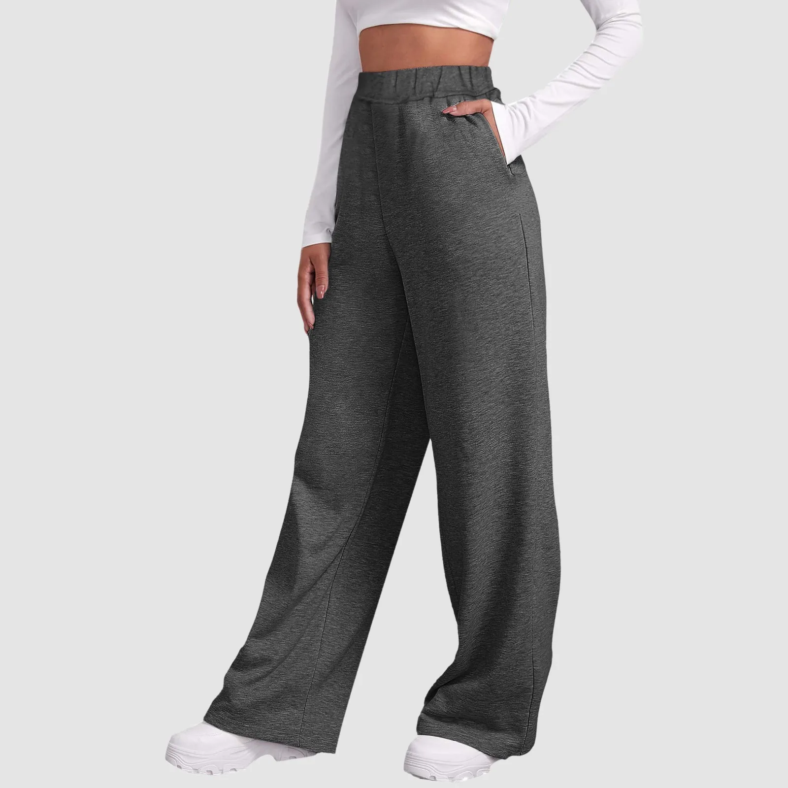 2024 Autumn New Women’s Fleece Lined Casual Pants Loose Warm Sweatpants High Waist Straight Wide Leg Trouser