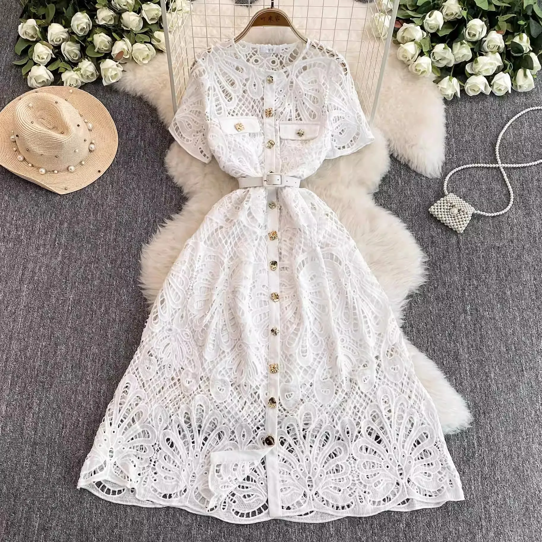 Elegant Hook Flower White Lace Dress Women O-Neck Short Sleeve Hollow Out Pearl Diamonds Buttons Belt Evening Party Vestidos