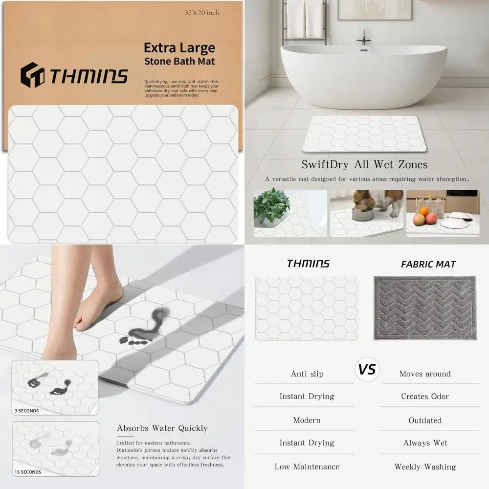 

Huge 32x20 Anti-Slip Diatomaceous Earth Bath Mat, Ultra Absorbent & Fast Drying, Ideal for Bath/Kitchen, Easy Maintenance