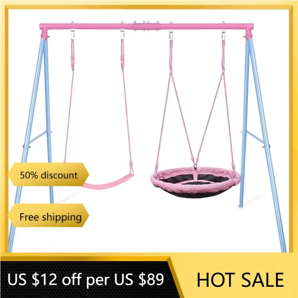 440lbs Outdoor Garden Swings Heavy-Duty A-Frame Metal Outdoor Stand Hanging Chair Pink freight Free Furniture