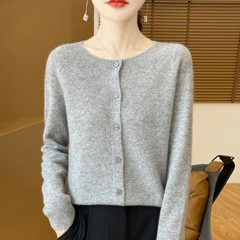 100%Merino Wool Cardigan Women's Round Neck Casual High-Quality AutumnWinter Solid Color Jacket Knit Basic Sweater Pure Wool Top