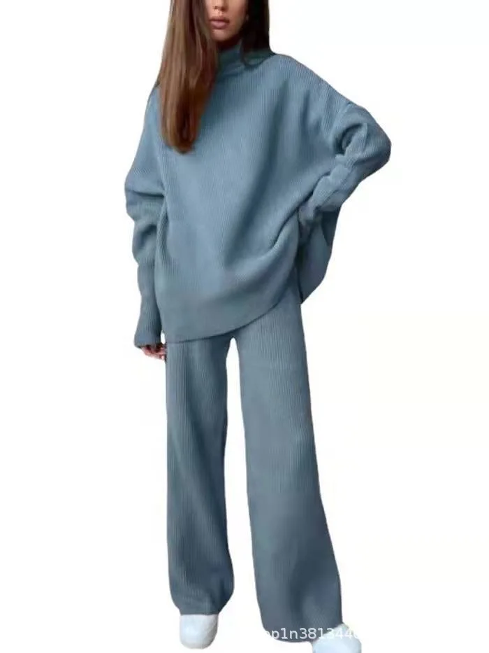 

New Fashion Knitted Sweater + Wide Leg Pants Two-piece Sets Women Autumn Casual Loose Solid Color Top And Pants Suit For Women