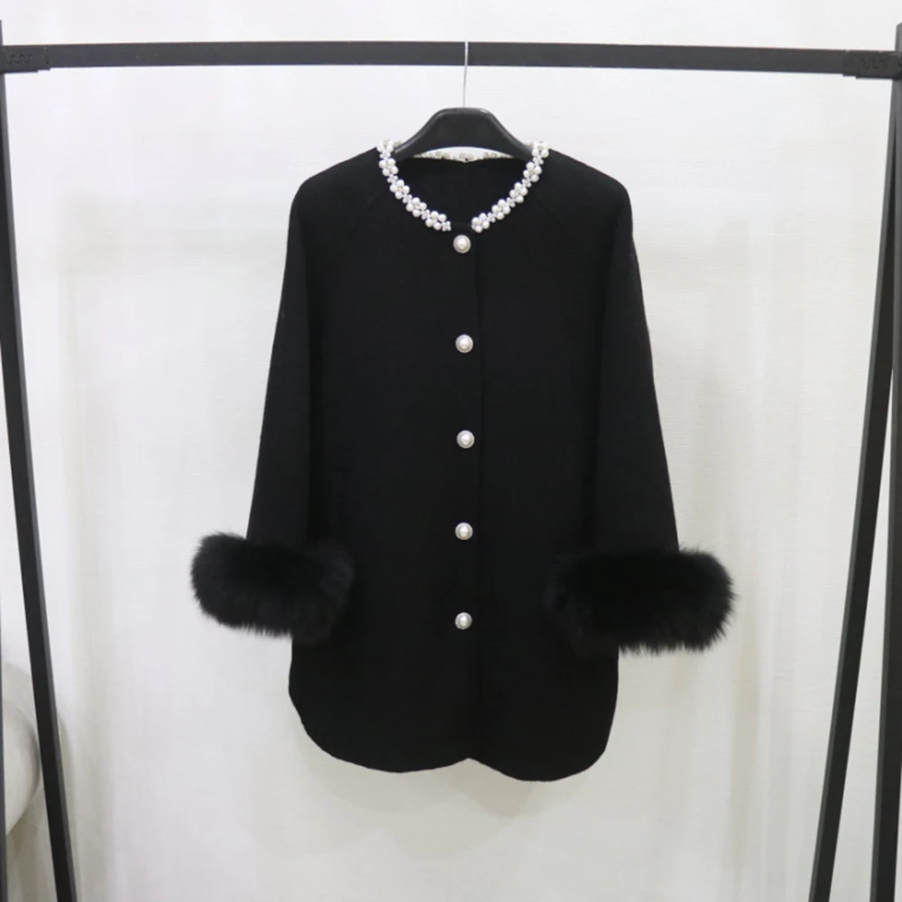 European New Nail Bead Double-sided Wool Coat Fox Fur Trench Coat Women's Medium Long Cloak Double-sided Long Jacket