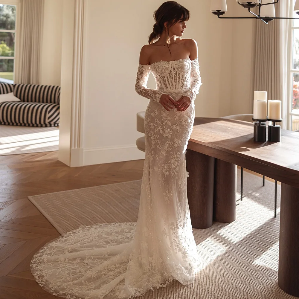High Quality Lace Wedding Dress with Appliques Elegant Mermaid Long Sleeves Vestido De Novia Customized Zipper Back Bridal Gowns