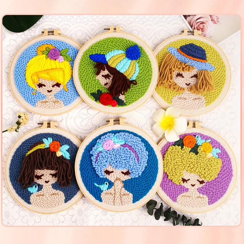 Cartoon Girls Poke Embroider Needle Wool Yarn Punch Kit Handmade Craft Gift For Beginner Women Girls Friends Birthday Wholesales