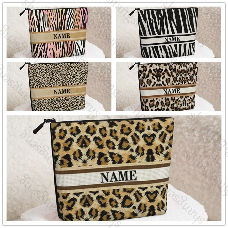 

Custom name letters Printed Corduroy Makeup Bag, Lightweight Zipper Makeup Storage Box, Multi functional Bag DIY Zebra Leopard