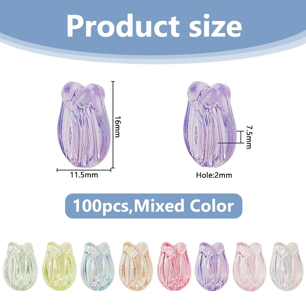 100 piezas de cuentas de plástico acrílico transparente, chapadas en color AB, Tulipa, colores mezclados, 16x11,5x7,5mm, agujero: 2mm