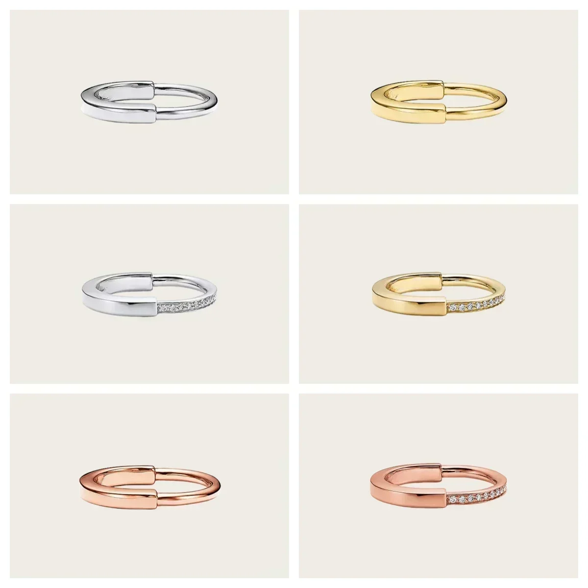 

S925 Sterling Silver T-Home Premium U-Shaped Lock Ring, Half Full Diamond, Couples Ring for Men & Women