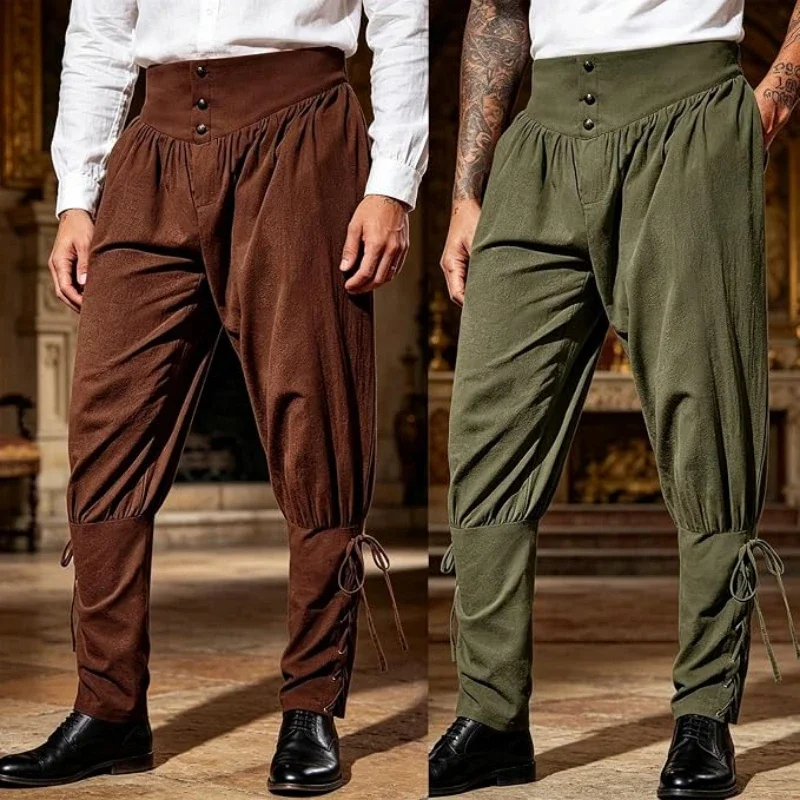 Men Vintage Casual Long Ankle Pants, Medieval Renaissance Viking Pirate ...
