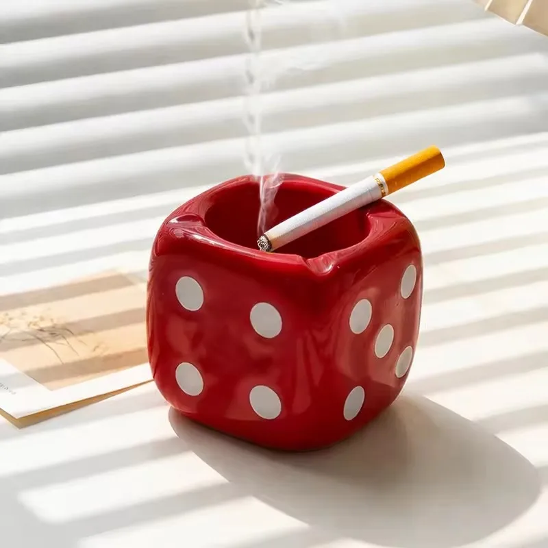1pcs Glossy Red Square Dice Ceramics Ashtray Creative Cigarette Ash Container for Living Room Desk Bar Office Table Decor Accent