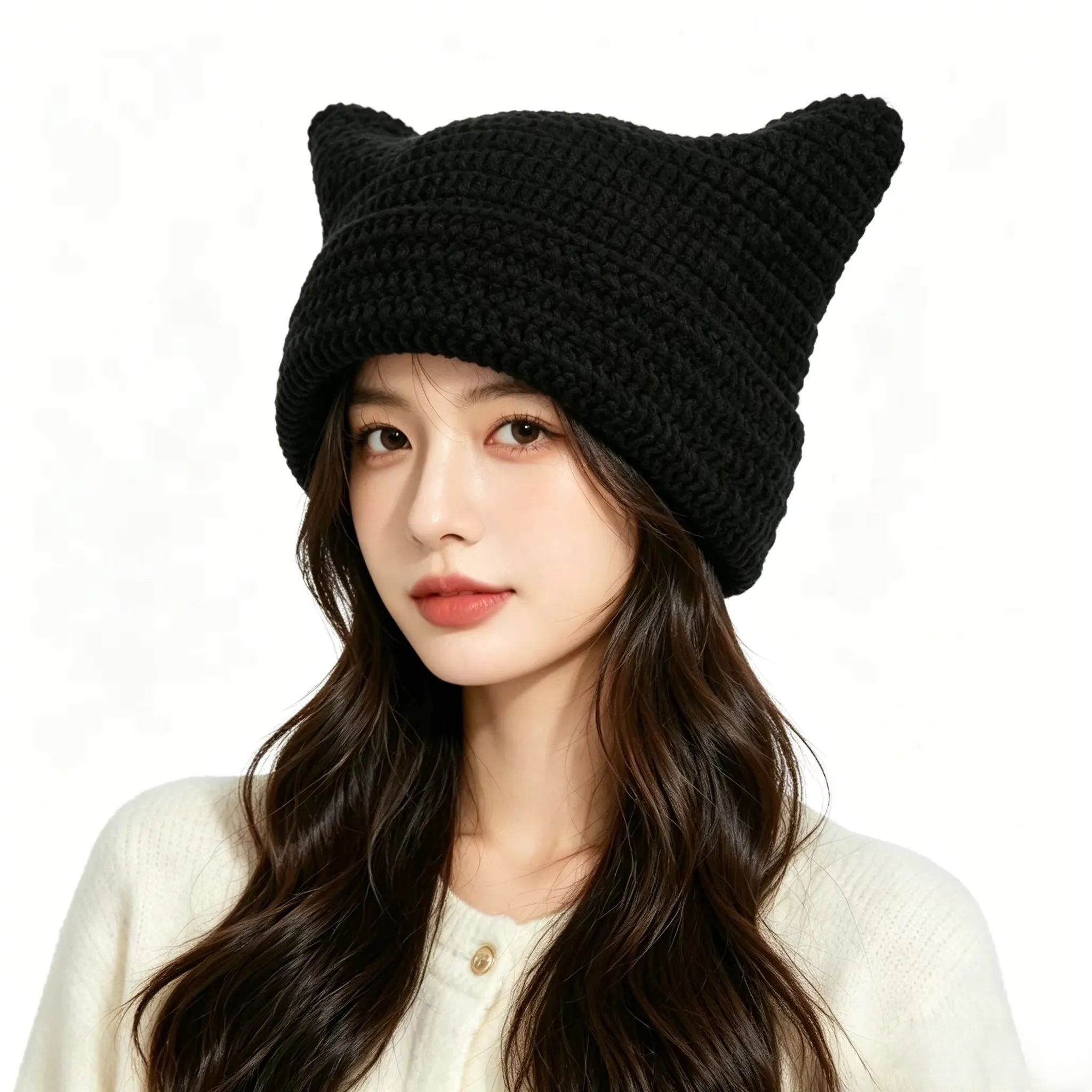 Bonnet en laine tricoté fait main avec oreilles de chat mignonnes pour femme, style coréen punk gothique Y2K, rayé, streetwear, bonnet bob au crochet pour l'hiver